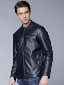 LOCOMOTIVE Men Navy Blue Solid Biker Jacket