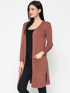 Gipsy Women Rust Brown Self Design Open Front Longline Shrug