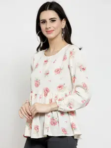 Sera Women Off-White & Pink Printed Peplum Top