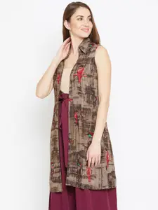 Bitterlime Brown Printed Open Front Fusion Shrug