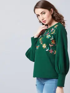 Athena Women Green Embroidered Sweatshirt