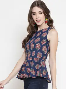 Sera Women Navy Blue Printed Peplum Pure Cotton Top