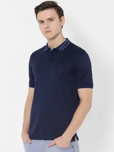 Allen Solly Men Navy Blue Solid Polo Collar Pure Cotton T-shirt