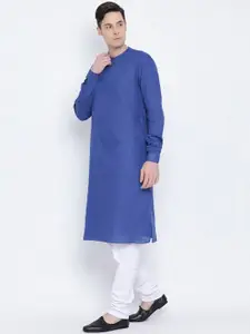 NAMASKAR Men Blue & White Solid Kurta with Churidar