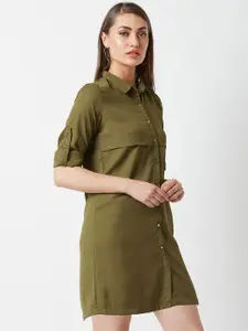 Miss Chase Women Solid Olive Green Shirt Dress