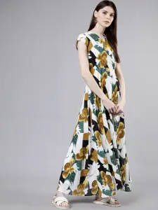 Tokyo Talkies Women Off-White & Olive Green Printed Wrap Maxi Dress