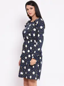 Oxolloxo Women Printed Navy Blue A-Line Dress