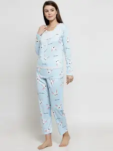 Claura Women Blue & White Printed Night suit
