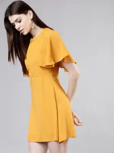 Tokyo Talkies Women Solid Mustard Yellow Fit and Flare Dress