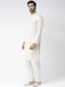KISAH Men Cream-Coloured & Beige Floral Printed Handloom Straight Kurta