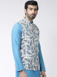 KISAH Men White & Grey Printed Pure Cotton Nehru Jacket