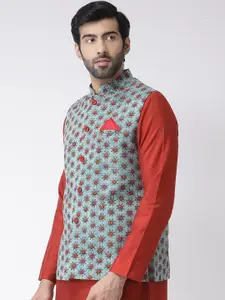 KISAH Men Teal Green & Red Printed Pure Cotton Nehru Jacket