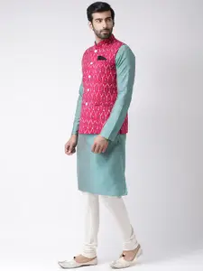 KISAH Men Green & White Printed Kurta with Churidar
