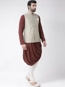 KISAH Men Brown & Blue Self Design Kurta with Churidar & Nehru Jacket