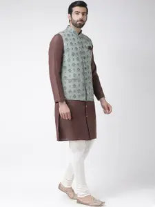 KISAH Men Brown & White Solid Kurta Set & Jacket