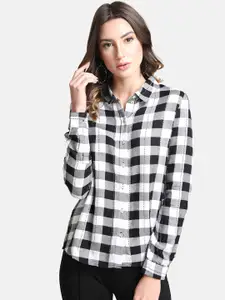 Kazo Women White & Black Regular Fit Checked Casual Shirt