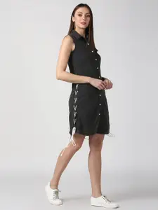 StyleStone Women Solid Black Knee Length Shirt Dress