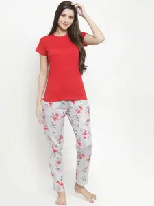 Claura Women Red & Grey Solid Night suit