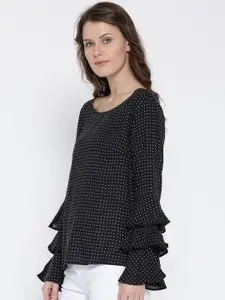 Sera Women Black & White Printed Polka Dotted A-Line Top