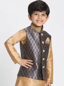 VASTRAMAY Boys Navy Blue & Gold-Toned Woven Design Nehru Jacket
