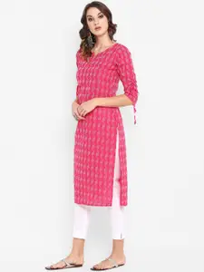 Janasya Women Pink & White Printed Straight Kurta