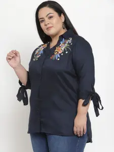 plusS Women Navy Blue Regular Fit Embroidered Casual Shirt