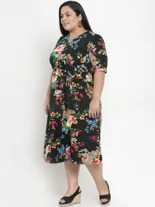 plusS Women Black Printed Fit and Flare Dress