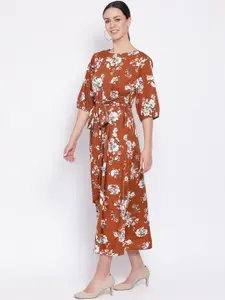 Oxolloxo Women Rust Floral Printed Fit and Flare Dress