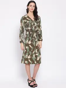 Oxolloxo Women Khaki & Brown Printed Shirt Dress