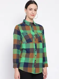 Oxolloxo Women Green & Navy Blue Regular Fit Checked Casual Shirt