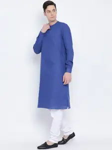 NAMASKAR Men Blue  Cotton Solid Straight Kurta