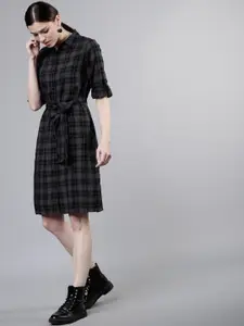 Tokyo Talkies Women Grey & Black Checked Shirt Dress