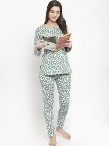 Claura Women Green & White Printed Night Suit Cot-151
