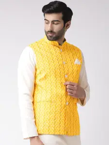 KISAH Men Yellow & White Printed Nehru Jacket
