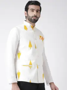 KISAH Men White & Yellow Printed Nehru Jacket