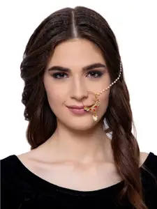 ANIKAS CREATION Gold-Plated & Off-White Beaded & Stone-Studded Chained Nose Ring