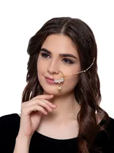 ANIKAS CREATION Gold-Plated White Beaded & Stone-Studded Chained Nose Ring