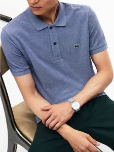 Lacoste Men Blue Solid Polo Collar Pure Cotton T-shirt