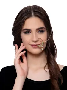 ANIKAS CREATION Gold-Plated & White Beaded & Stone-Studded Chained Nose Ring