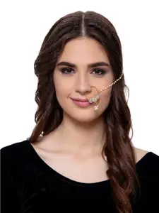 ANIKAS CREATION Gold-Plated & White Beaded & Stone-Studded Chained Nose Ring