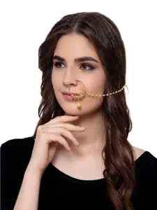 ANIKAS CREATION Gold-Plated Beaded & Stone-Studded Chained Nose Ring