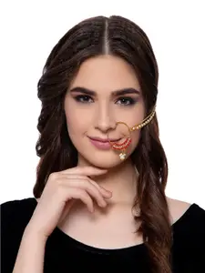 ANIKAS CREATION Gold-Plated & Off-White Beaded & Stone-Studded Chained Nose Ring