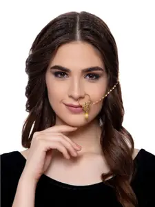 ANIKAS CREATION Gold-Plated Beaded & Stone-Studded Chained Nose Ring