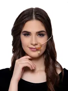 ANIKAS CREATION Gold-Plated & Off-White Beaded & Stone-Studded Chained Nose Ring