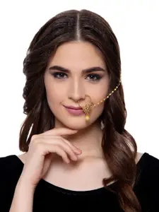 ANIKAS CREATION Gold-Plated & Off-White Beaded & Stone-Studded Chained Nose Ring
