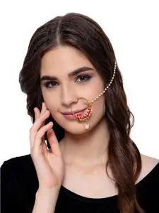 ANIKAS CREATION Gold-Plated & Off-White Beaded & Stone-Studded Chained Nose Ring