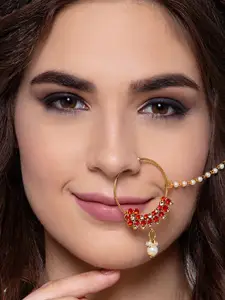 ANIKAS CREATION Gold-Plated & Off-White Beaded & Stone-Studded Chained Nose Ring