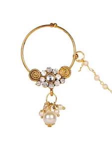 ANIKAS CREATION Gold-Plated & Off-White Beaded & Stone-Studded Chained Nose Ring