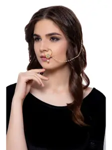 ANIKAS CREATION White Beaded & Stone-Studded Gold-Plated Chained Nose Ring