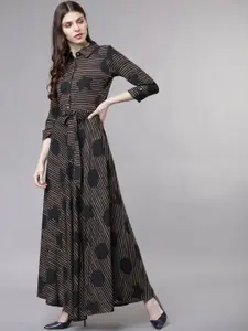 Vishudh Women Taupe & Black Printed  Maxi Dress